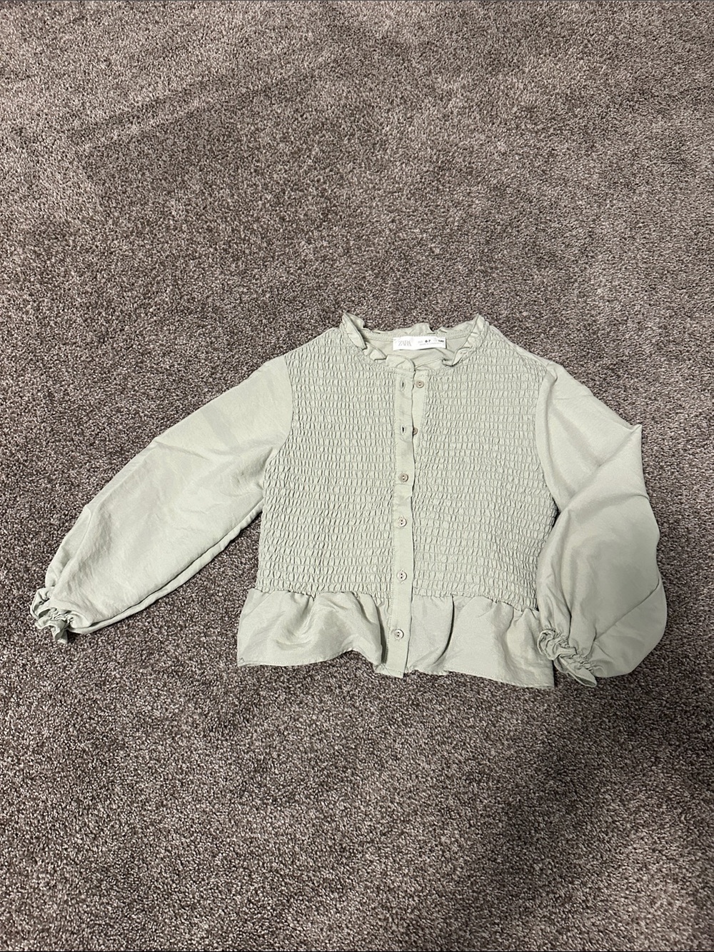 Zara Light Sage Smocked Peplum Button-Down Top